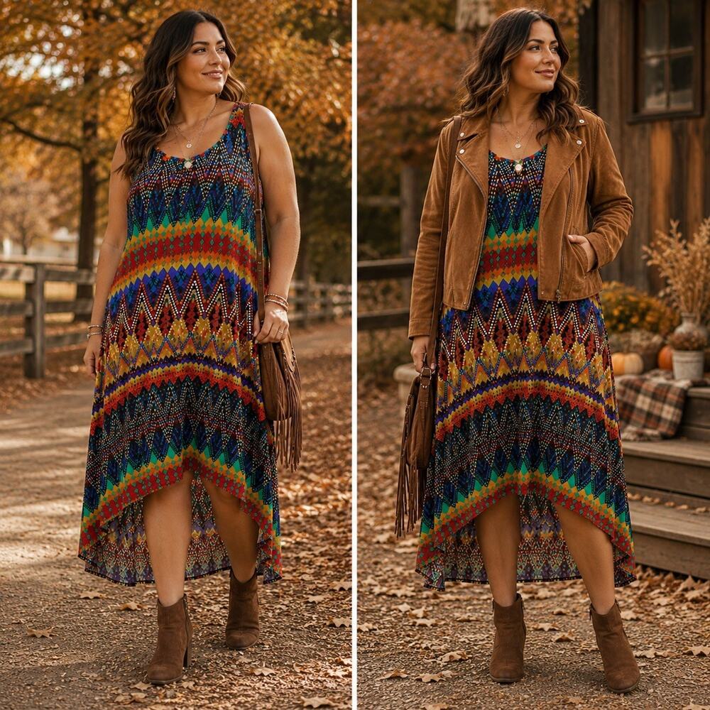 Snap Women’s 2X Multicolor Geometric Tribal Print Sleeveless Maxi Dress Boho